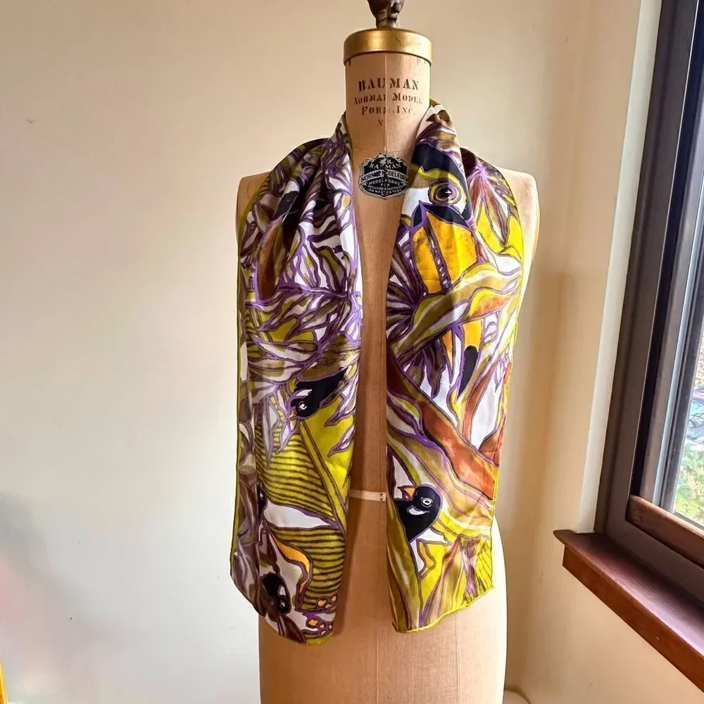 Vtg 80s Anne Klein for Vera Neumann Silk Tropical Birds Rectangular neck Scarf